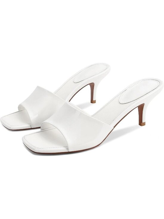 Shoes - Women's Kitten Heel Stiletto C-White Low Heels Slip On Slides Square Open Toe
